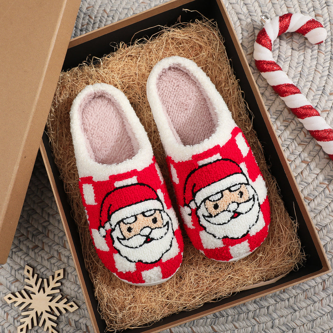 Geruite kerstsloffen met kerstman, pluizig en antislip