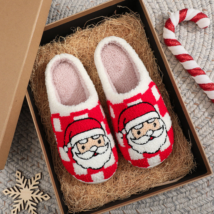 Geruite kerstsloffen met kerstman, pluizig en antislip