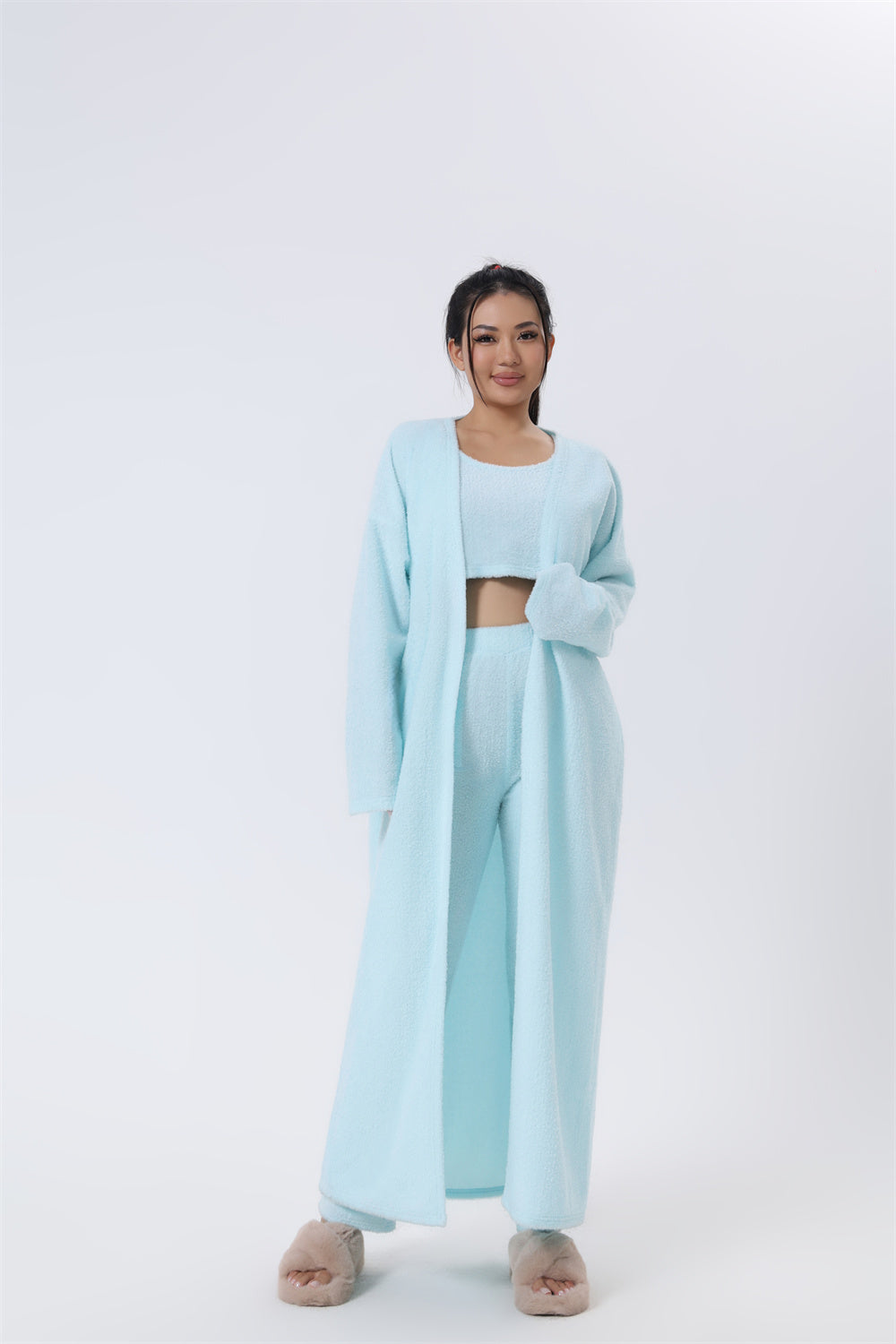 Driedelige loungeset voor dames met croptop, broek en lang vest