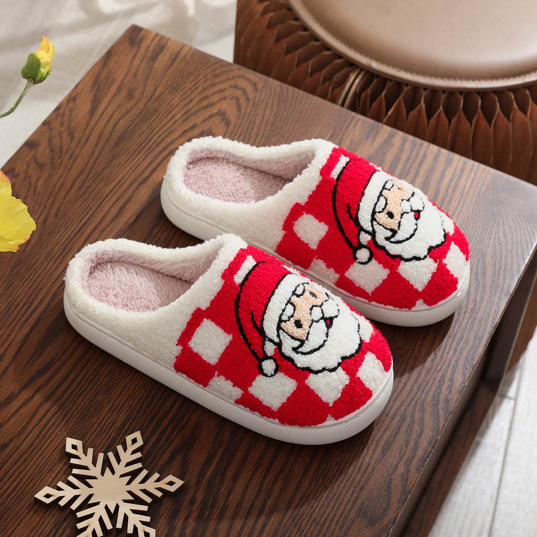 Geruite kerstsloffen met kerstman, pluizig en antislip