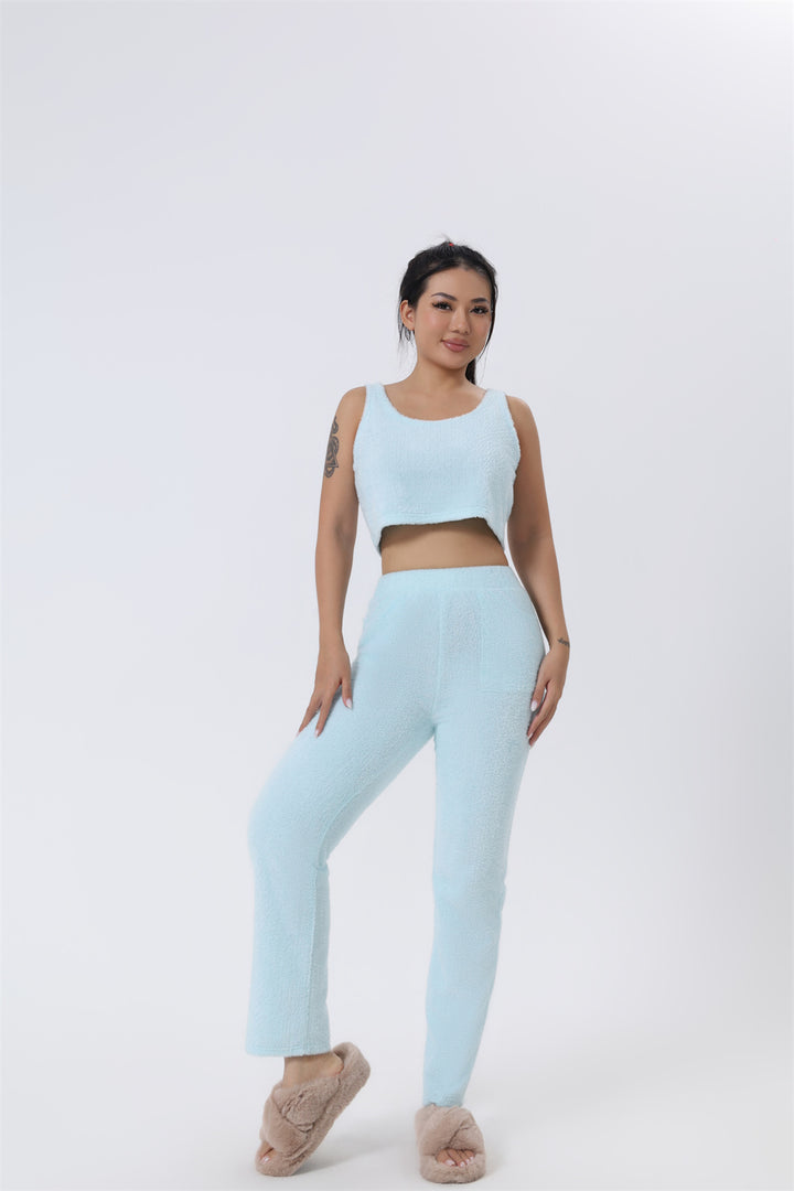 Driedelige loungeset voor dames met croptop, broek en lang vest