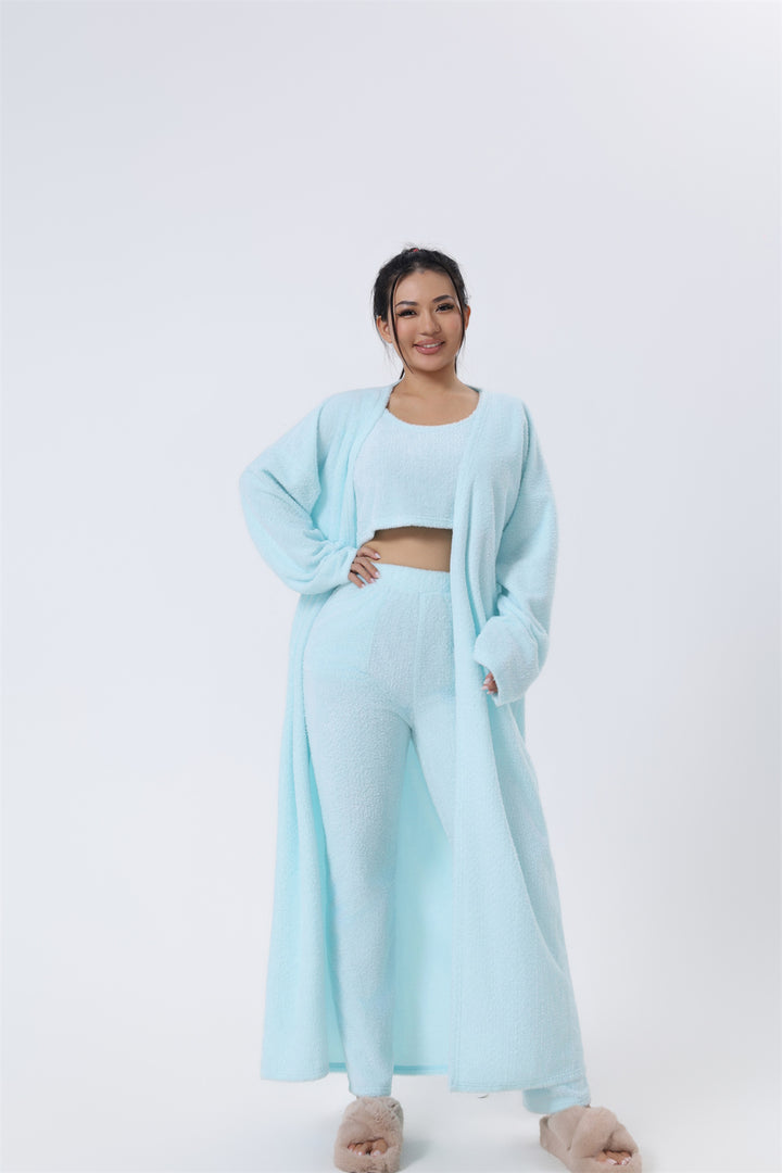 Driedelige loungeset voor dames met croptop, broek en lang vest